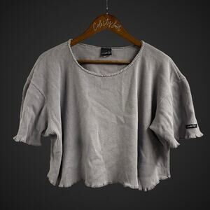 Susan Fixel Top Gray Waffle Knit Boxy Crop Large Vintage Lettuce Hem